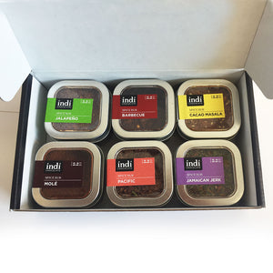 Enjoy all 6 Spice Rubs in this indi chocolate Gift Set. Delicious rubs are light on salt and big on flavor. Spice up your culinary creations with indi chocolate cacao based spice rubs.